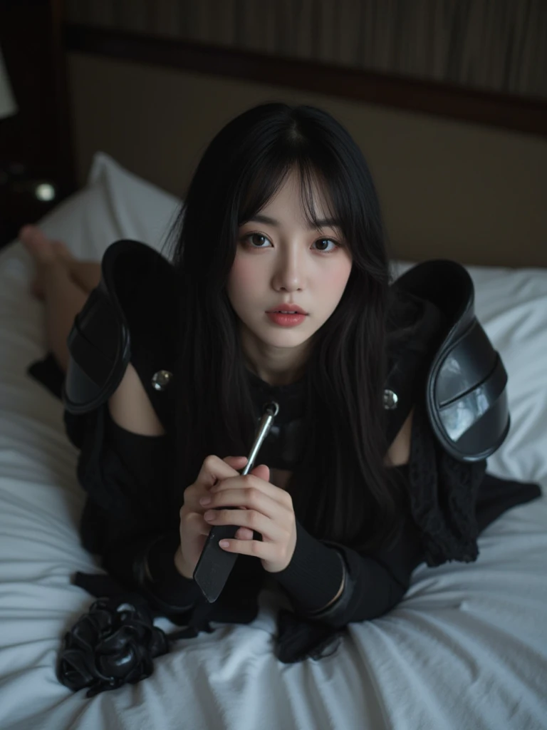 ((Dark Knight))、(((underwear and black armor)))、 lie down on the bed、Cute girl、20 years old、woman, cute、super detailed,(((realistic, photo realistic, photo-realistic:1.37))), high definition ,超 high definition , Studio Lighting , Ultra Fine Painting, sharp...