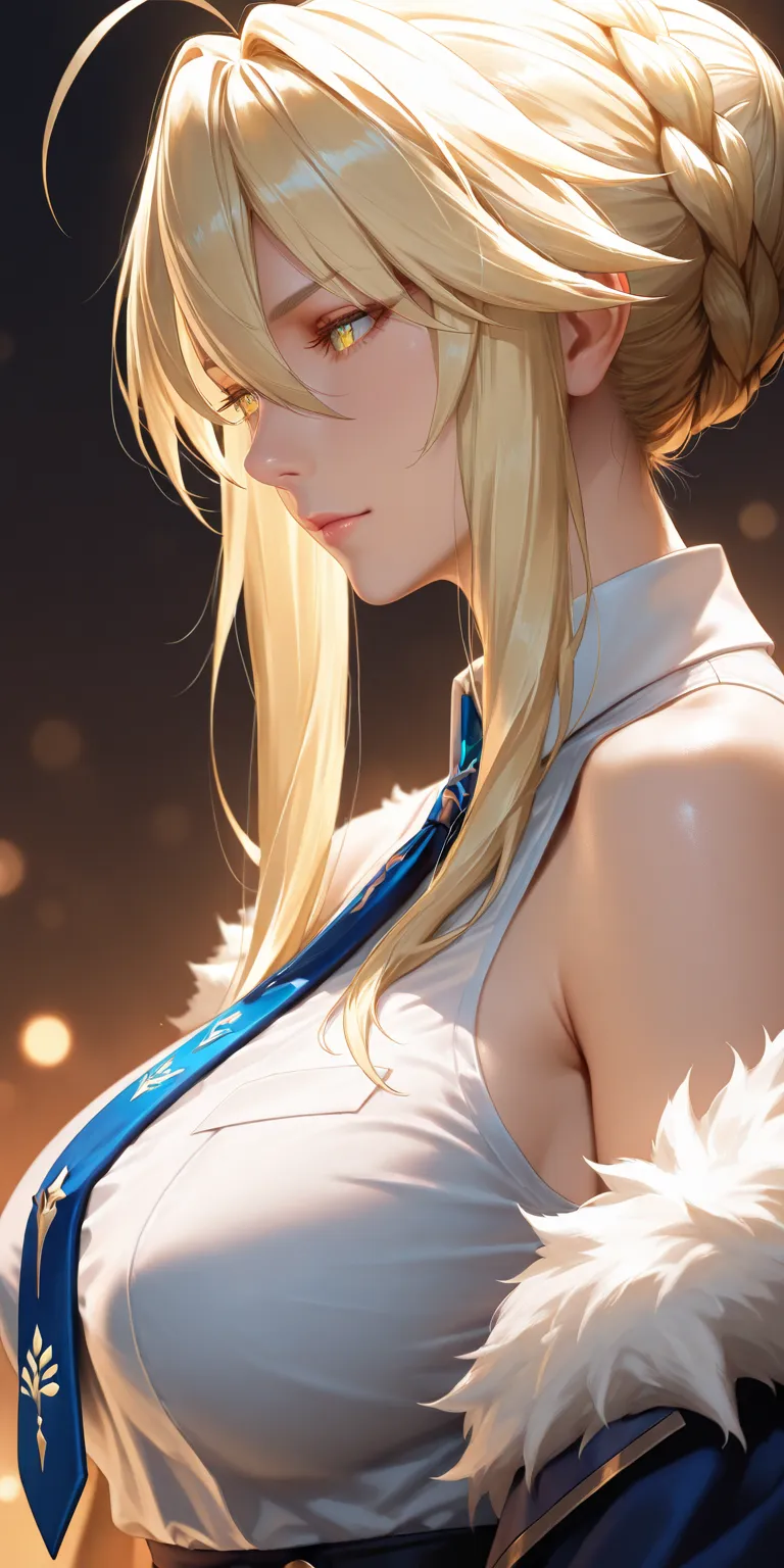 Masterpiece, very aesthetic, vibrant, high contrast, mature woman, milf, artoria pendragon (lancer) (fate), upper body, tie, sleeveless collared shirt, side boobs, fur trim, soft light, honkai: star rail cg style, semrealistic, best quality