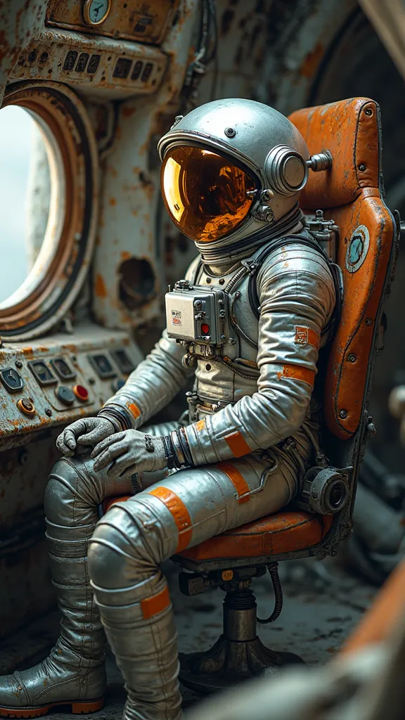 The image shows an astronaut sitting inside a space capsule, which appears to be deteriorated and covered with rust. The astronaut wears a shiny space suit with a predominance of silver color and orange details. His helmet has a reflective visor that refle...