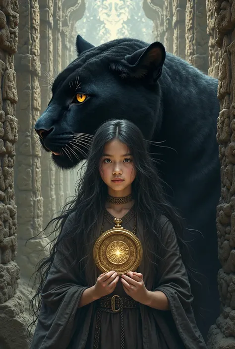 One half a age girl with long black hair the other half a black panther, the girl is holding a bronze compass in her hands, in a stone labyrinth  
