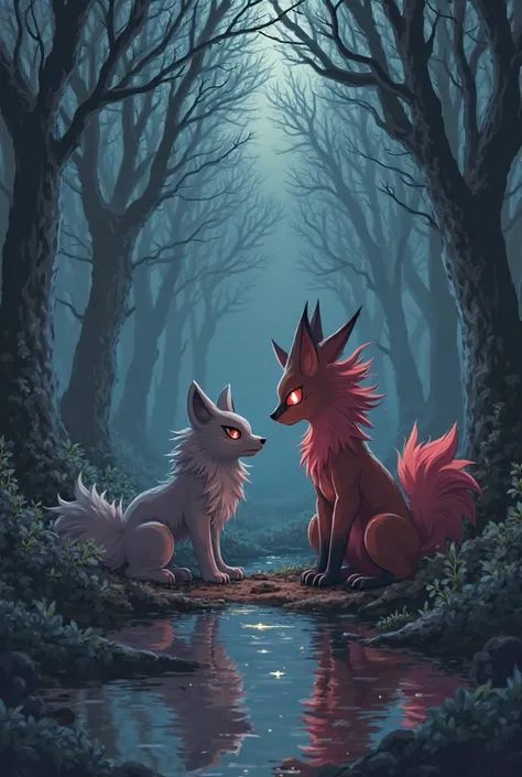 Create me an image of a female humanoid fox devouring a male humanoid fox to make her butt and chest grow but show it panel by panel as a food
Panel 1: Introduction
Picture: A dark forest with a female Zoroark watching a male Zoroark in the distance.

text...