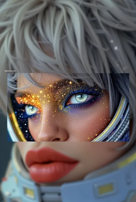 is a close-up of an improved masterpiece:1.5)0.9]، (Space and astronauts:1.2) (messy silver hair:1.1) (Heterochromia: yellow and blue eyes:1.2) (space helmet:1.0) (Colorful stars in the eyes:1.0) (radiant glow:1.1) ( full lips:0.9)