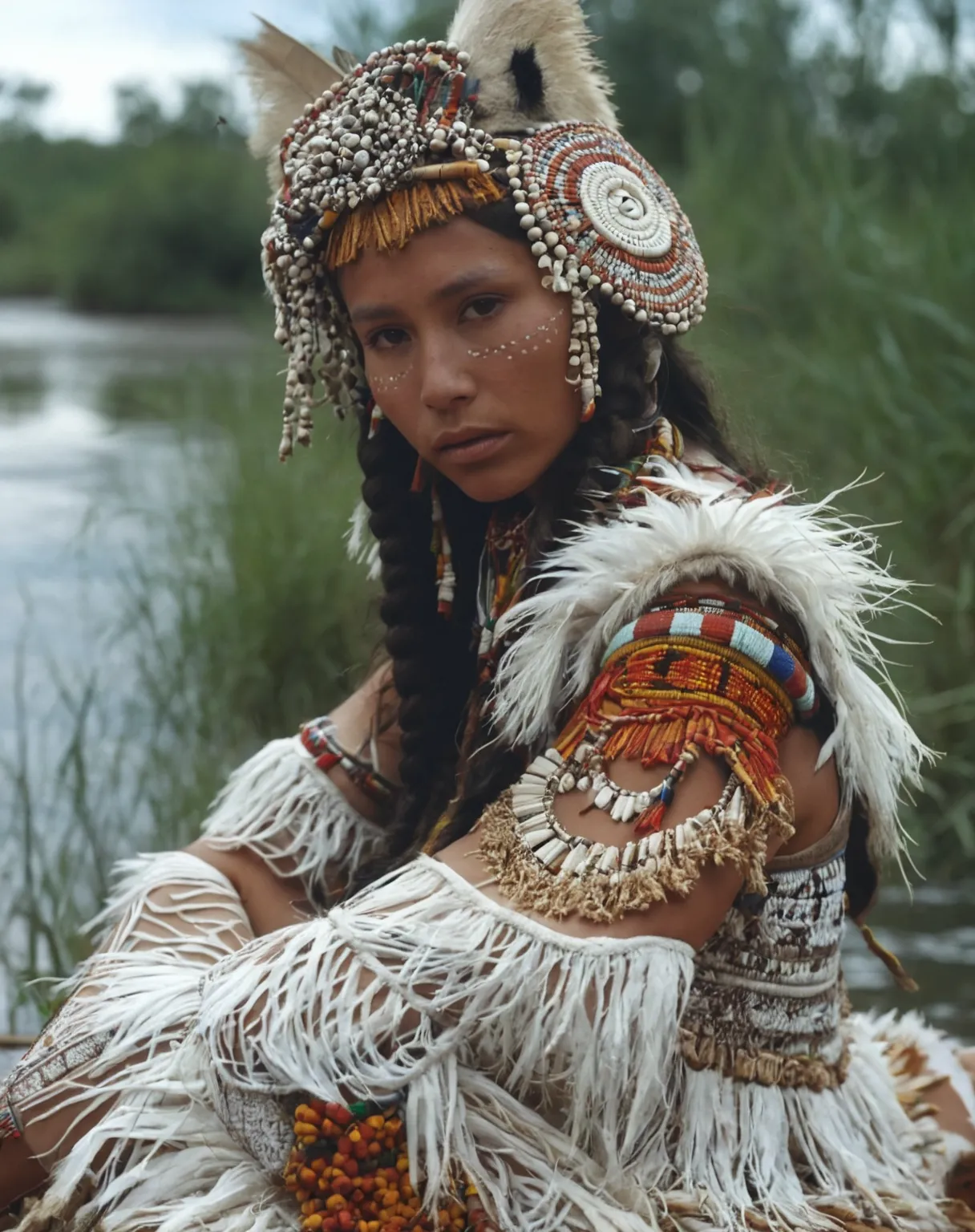 araffe woman in native dress sitting by a river, she is dressed in shaman clothes, a young female shaman, beautiful young female shaman, tribal style, tribal clothing, wearing an elegant tribal outfit, wearing an ornate outfit