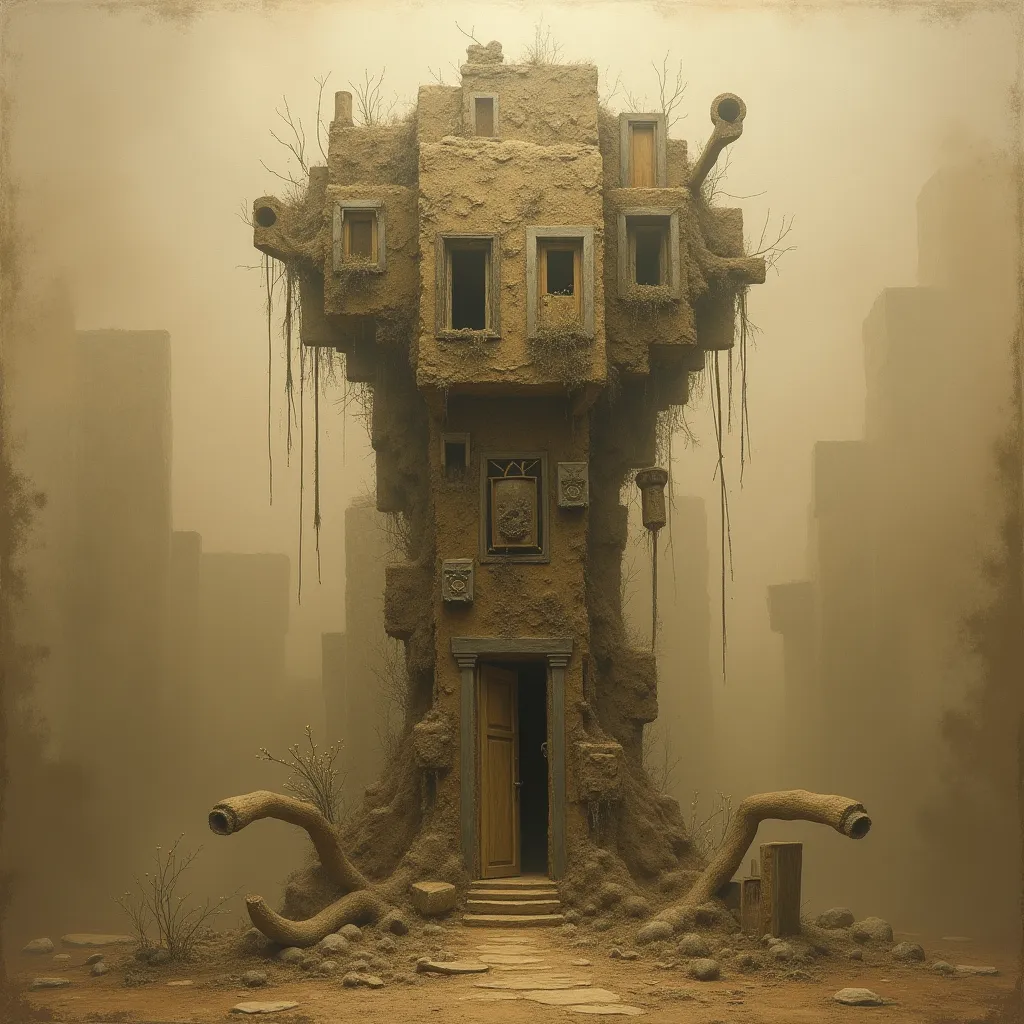 surreal and abstract sepia toned painting of a strange ancient sculpture resembling a humanoid shape made of old doors and windows, classic art, dreamy, surreal, photorealistic, magical, esoteric, occult, symbolism