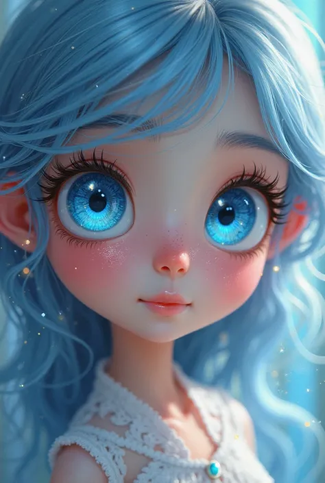 Give me a very beautiful cartoon picture that looks like a human, with eyes that are blue and magical, as if I want to stare at them.