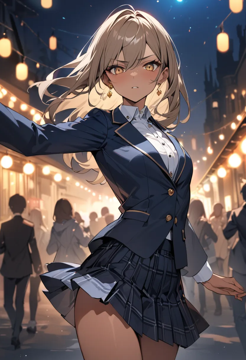 ((Greatest Masterpiece,super high quality:1.2)),(super resolution),(solo),cowboy shot,Slender, small-breasted high school girl dancing in a park at night, healthy tan skin , beautiful face,Light brown long hair,perfect golden eyes,stares, serious expressio...