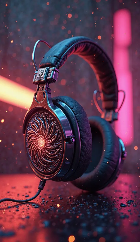 a gorgeous headphones logo, intricate detailed illustration, elegant logo design, intricately detailed emblem, rich textures, metallic accents, glowing neon lights, dynamic and energetic composition, dramatic lighting, cinematic atmosphere, high quality 3D...