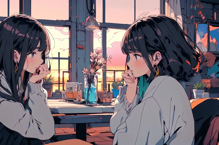 (face seen from the side), Looking out the window, (masterpiece:1.5, best quality:1.5), ((VaporWave style, Girls'_Manga style, partially coloring)), cinematic angle, long_hair, Straight bangs, 1girl, A gentle breeze is blowing, Hair flowing in the wind, St...