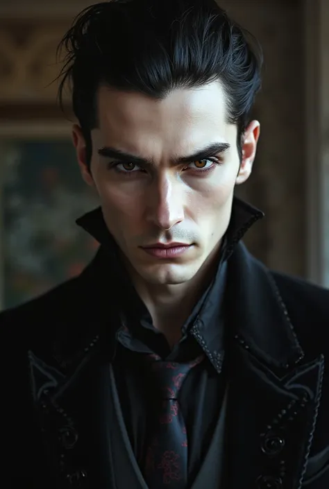 Handsome vampire man with pale skin and hazel eyes, tall black hair pulled up, wearing a black suit, his features close to the screen