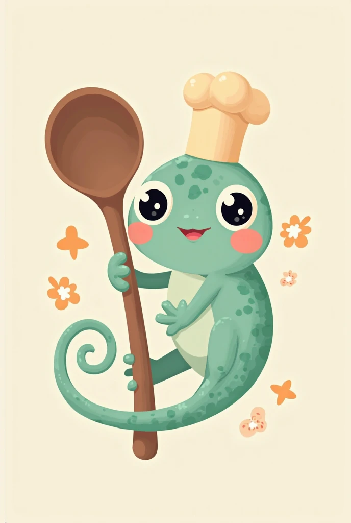 A Japanese kawaii-style chameleon holding onto a giant ladle like a tree branch and wearing a chef's hat. The chameleon has a slim and elegant body, oversized sparkling eyes, blushing cheeks, and a playful expression. The colors are soft pastels, with a wa...