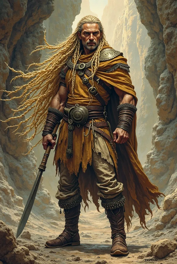  to create the image of a man "Barbarian Warrior"  hair eye,  from head to toe . He's in boots, character of "oriental features"  and long blond hair with braids .  he has brown eyes.  the art style will be the darkest comic comic book .  Simulate the Sett...