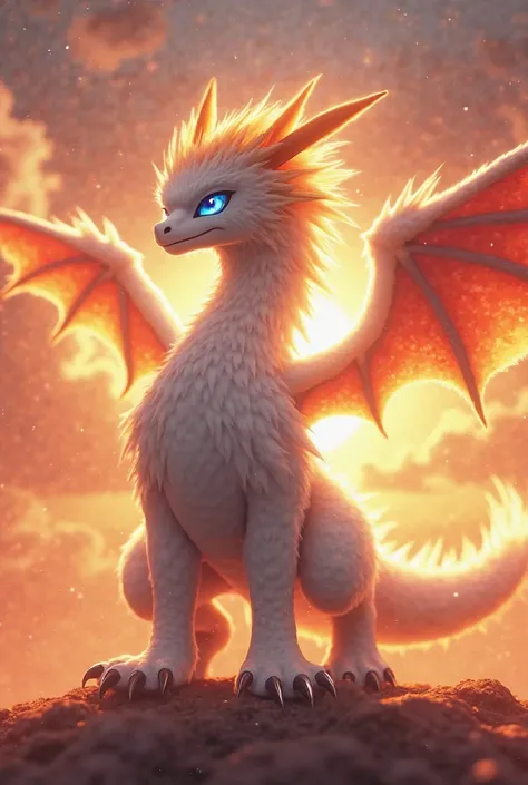 "A hyper-realistic, cinematic depiction of Reshiram, a majestic white dragon Pokémon, standing against a fiery sunset sky. Its fur and feathers are intricately detailed, with glowing blue eyes and a burning tail radiating intense heat. The background featu...