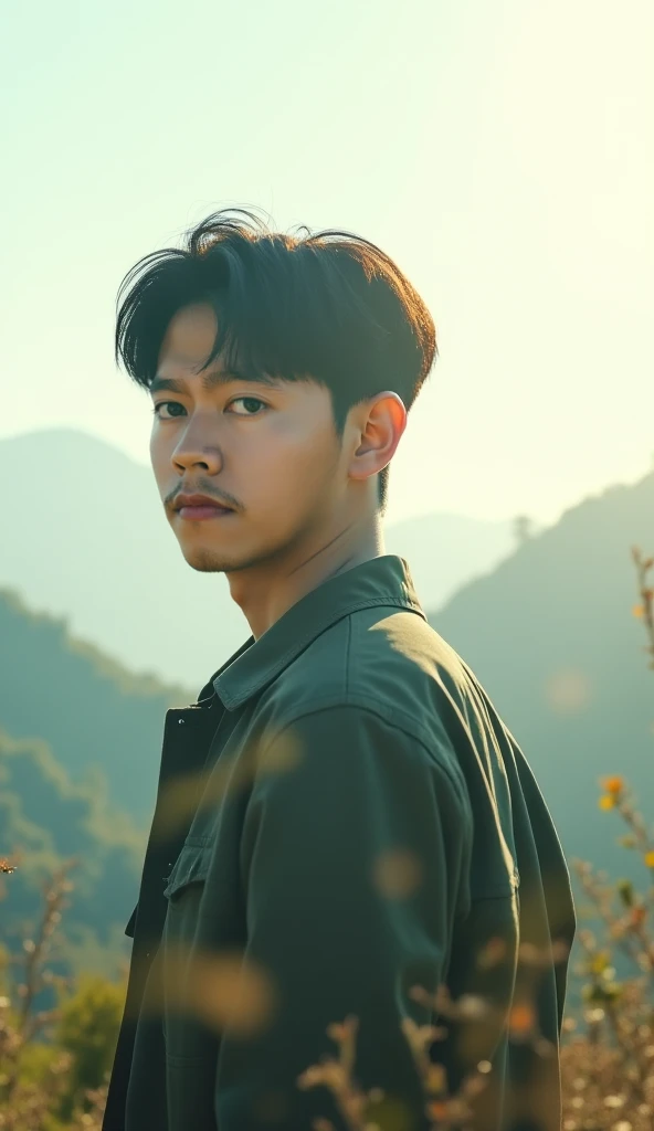 double exposure, cover photo of the film entitled "Friday Blessings". The cover shows a handsome Korean man with trendy short hair, wearing jacket outdoor clothes. The background is a beautifull mountain. The overall image has soft focus and warm lighting....