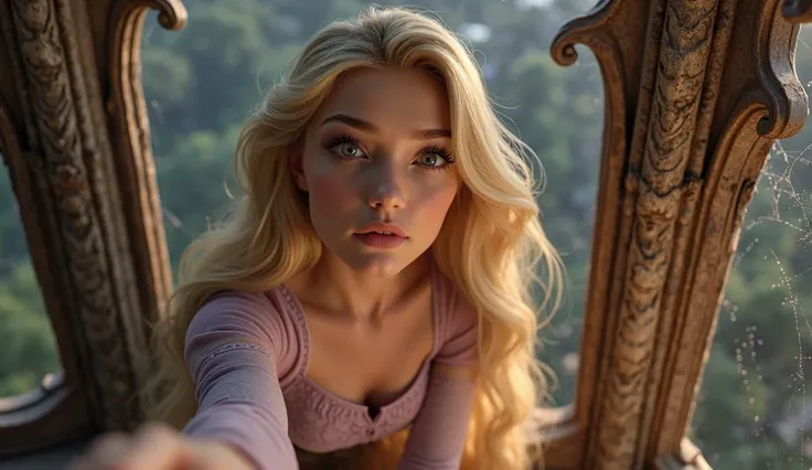 selfie_shot_of_disney_rapunzel_Realistic_women_28_years_old_sitting_on_tower_window_in_3d_only_her_chest_and_are_visible.