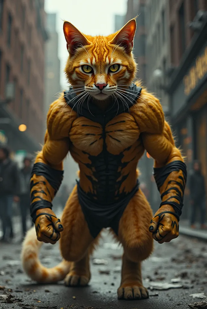 The yellow and black color heroic strong gym cat emerges from the shadows on a city street outside the bank in an action-ready pose with dramatic urban lighting.