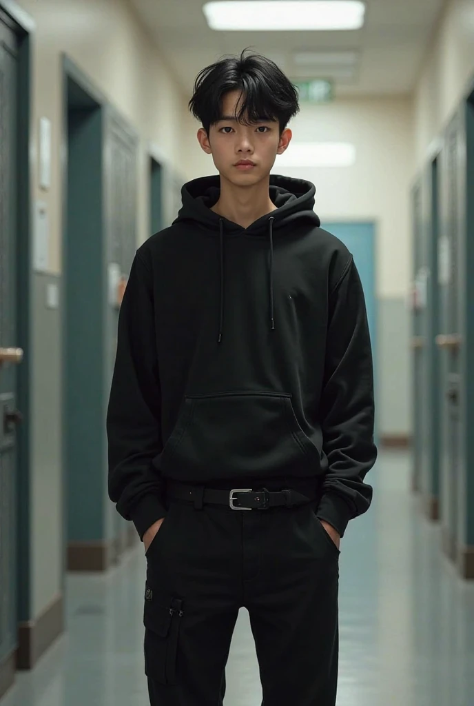 Jake is a young boy, learning in a high school. He is a bit shy, quiet student, looking good, sportive body, black short hair. Wears black shirt, black closed hoodie and black long pants with a belt.