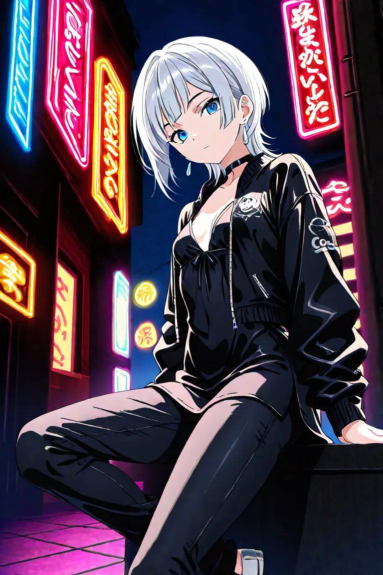  cool girl、cool、 expressionless、I'm wearing silver earrings、 hair is wolf-cut、I'm wearing cool black clothes、pants、style that makes fun of your feet、 small breasts 、I'm wearing a black jacket、 Silver Hair、Blue eyes、beautiful、night、neon lights、Dress appropr...