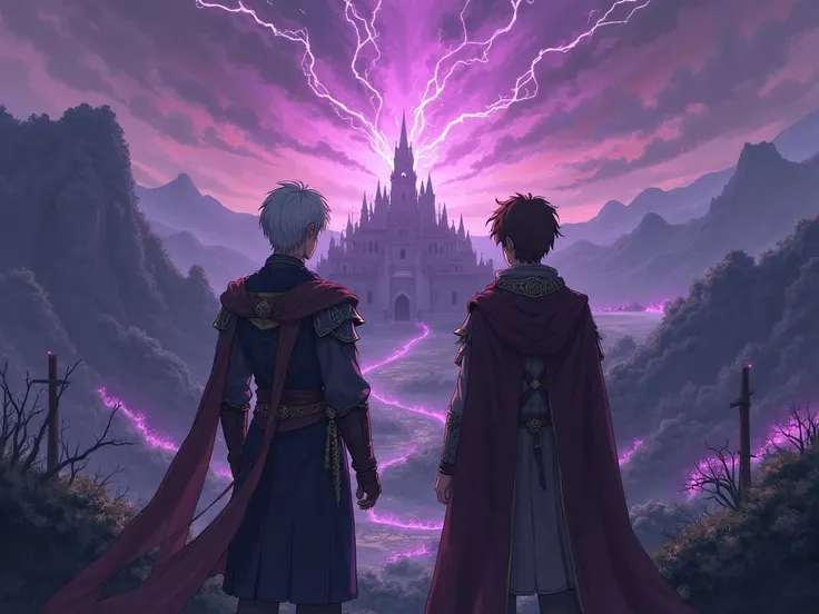 From behind, two warrior princes, short white hair and short brown hair, watching a village being attacked by possessed purple veins on their faces, far away in realistic medieval anime style 