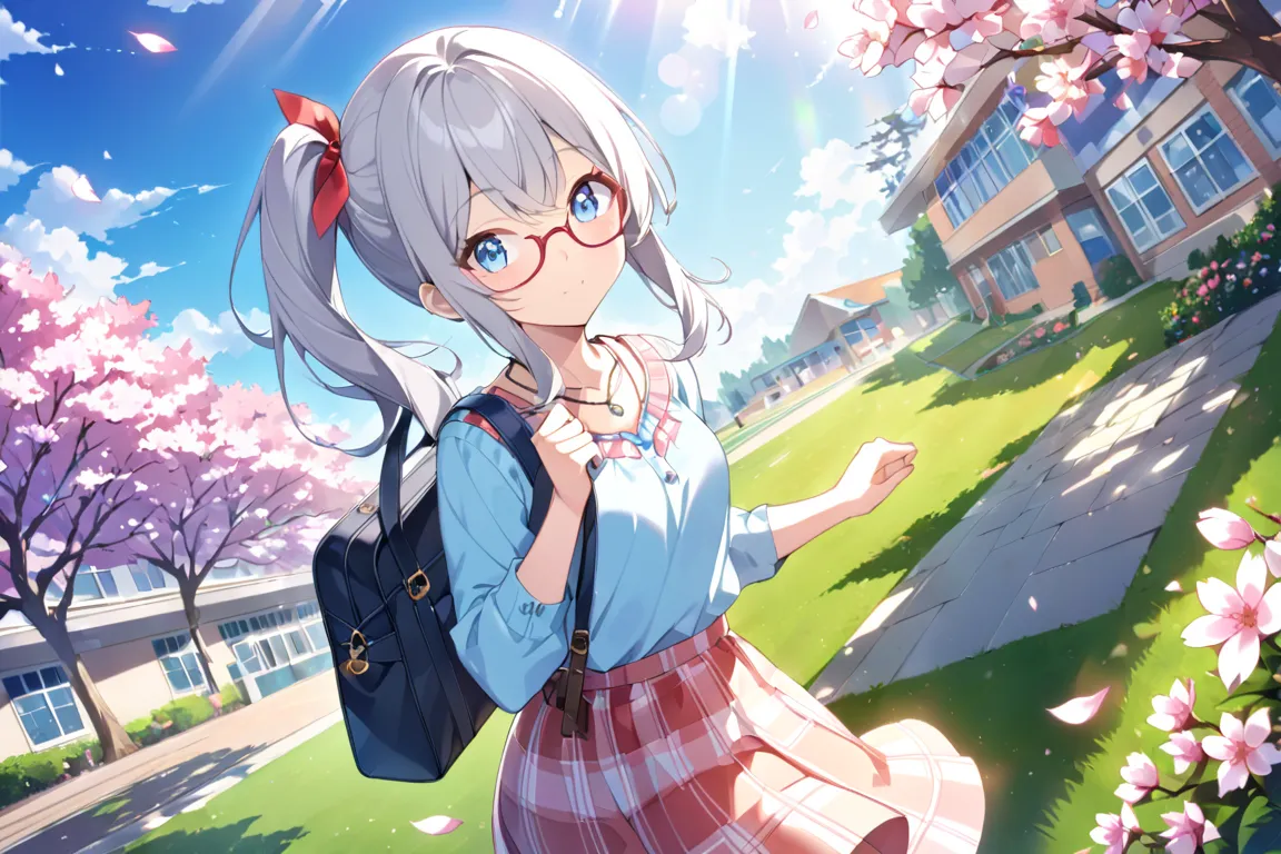 cherry blossoms、cherry blossoms吹雪、blue sky、sunlight filtering through the trees、 School Grounds 、School building、lawn、flower bed、1 girl,  blue eyes, Grey Hair, side ponytail、 red rimmed glasses、necklaces、 bag、Colorful casual clothes、How hair flutters in th...