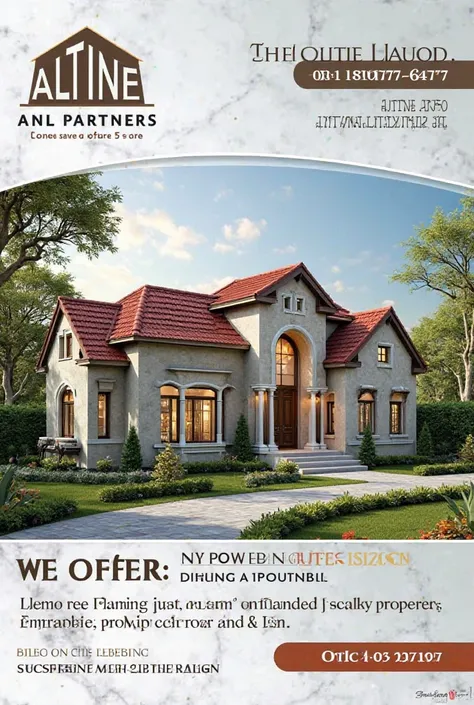 Creat a beautiful flyer for estate property with the name "ALTINE AND PARTNERS" includes the following information: "we offer Land and Landed Properties". "08131976477" boldly. Also includes the picture of a beautiful house, with good colour 