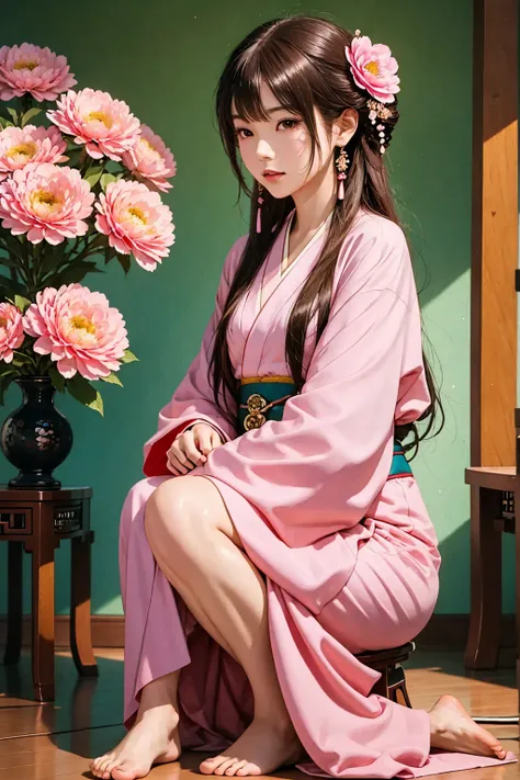 An anime girl in a pink kimono sits on a flower table filled with flowers,barefoot，  Beautiful character painting , Low angle shot
