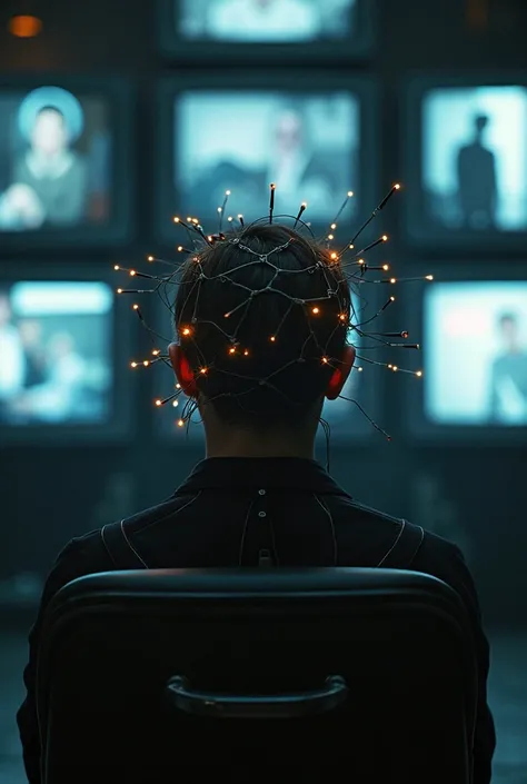 Create a chilling scene inspired by The Final Cut (2004), showing a person sitting in a dark, futuristic chair, facing the camera directly. Sleek, high-tech electrodes with glowing circuits and metallic details are attached to their head, pulsing faintly w...