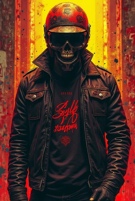 A biker with a skull in red and yellow writes “SYLB Tournai” 