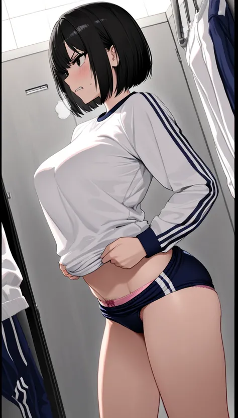 (beautiful girl : 1.3),1 girl,(White gym clothes, Long Sleeve,Take off the dark blue buruma,Pink panties, pubic hair), black hair,bob cut,anger, abusive,changing room,masterpiece,Highest quality,Ultra High Definition,rich contrast,HD,8k,High Definition CG ...