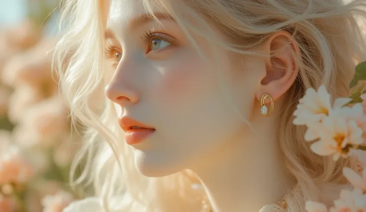 32K,  masterpiece, top quality, ((woman)) blond with a big face,  white skin,  rosy cheeks ,  natural cosmetics,  nude lipstick ,necklaces, earrings,  disheveled hair, profile, close-up, blurred backgrounds.Surrounded by pale colored flowers