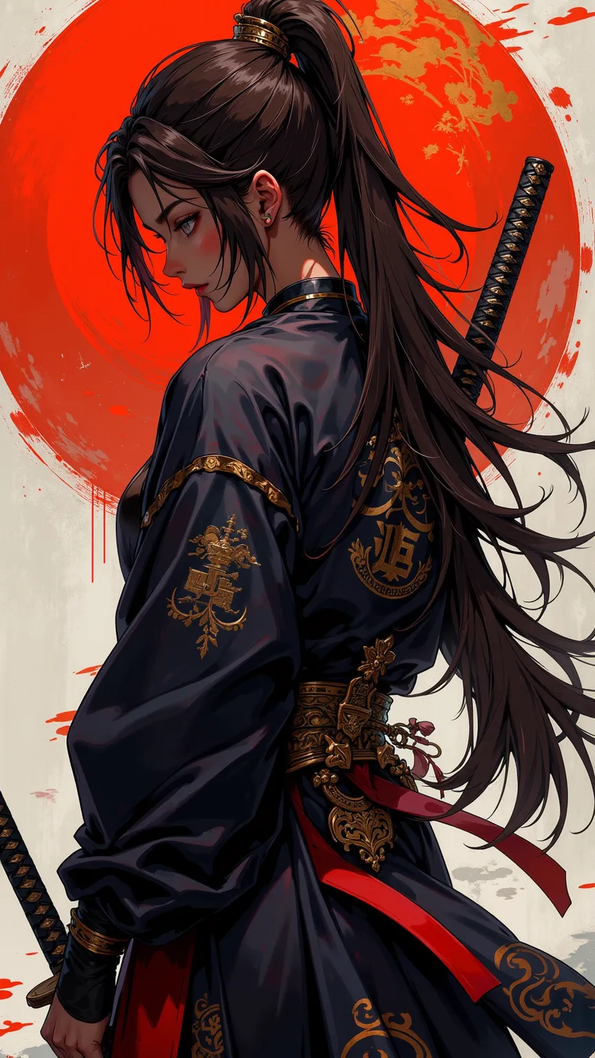 An amazing beautiful girl ninja，dark skin，straight brown ponytail hair，Orange eyes，thick lips and lipstick，wearing Japanese costume，hand-planted sword and weapon on her spine，Unseen in panorama，Eyes down。