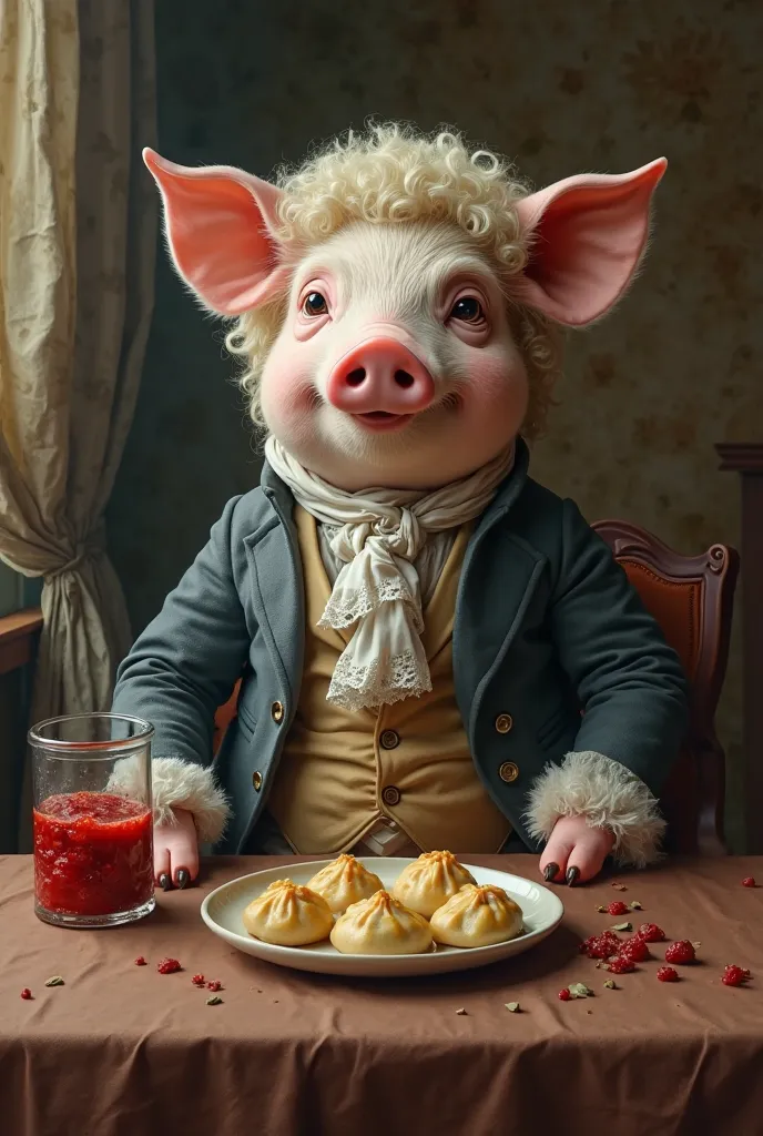 a pig in the image of Mozart that eats dumplings with jam