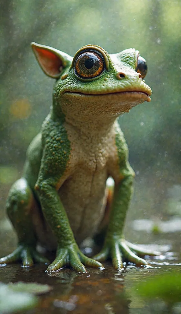 A unique hybrid creature with the body of a dog and the features of a frog. The creature has the muscular build and fur of a dog, but the skin is smooth and slightly moist, like a frog’s, with a greenish hue and occasional patches of lighter spots. Its leg...