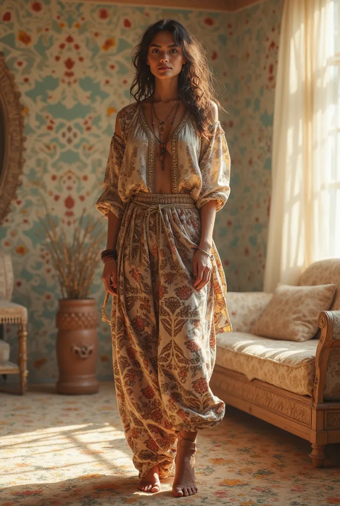 A beautiful boho warrior, fair skin, wavy hairstyle, printed long baggy tunic, boho tribal print pattern harem salwar, pleated harem salwar, intricate pleats, baggy harem salwar, high pants, lots of volume,prints, high boots, high heel, 32 26 38 figure, ge...