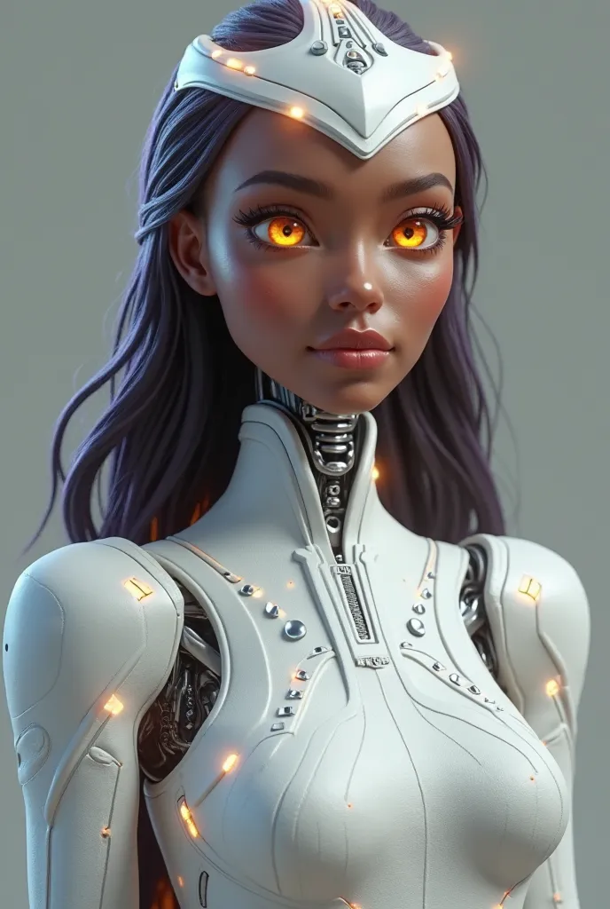 The image is rotated slightly upward (low-angle view), focusing on her waist-up posture. The 3D rendering emphasizes depth, with soft shadows and dynamic lighting highlighting her features. Face & Eyes: Her eyes are now fully human-like, with realistic iri...