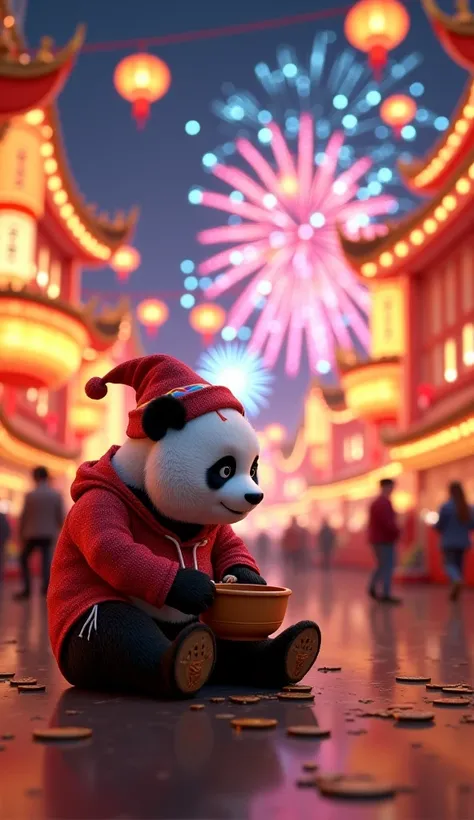 Pixar-Style 3D, dirty paws, torn festive hat, empty bowl.
During a lantern festival, the panda sits near a glittering parade float shaped like a smiling panda. Panda wear red hoddie. ren toss coins into the float’s donation box, while his own bowl stays em...