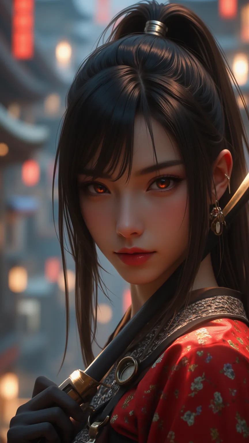 An amazing beautiful girl ninja，dark skin，straight brown ponytail hair，Orange eyes，thick lips and lipstick，wearing Japanese costume，hand-planted sword and weapon on her spine，Unseen in panorama，Eyes down。