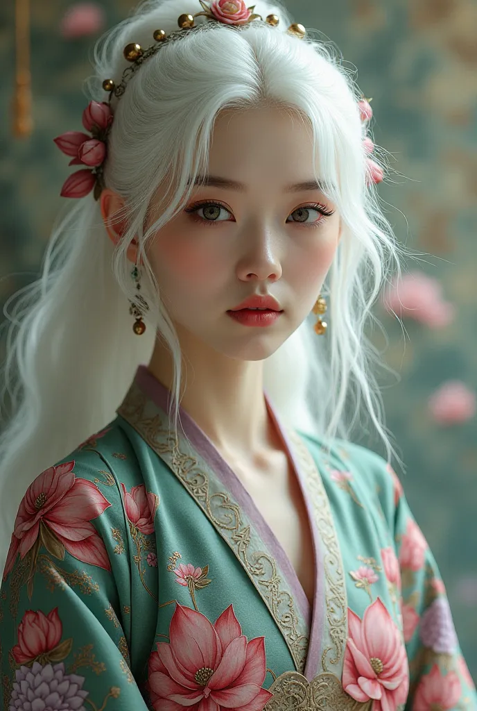 Create White Hair Chinese Woman Pink Green Purple Antique Chinese Dress With Lotus Flower Pattern With Cute Habits