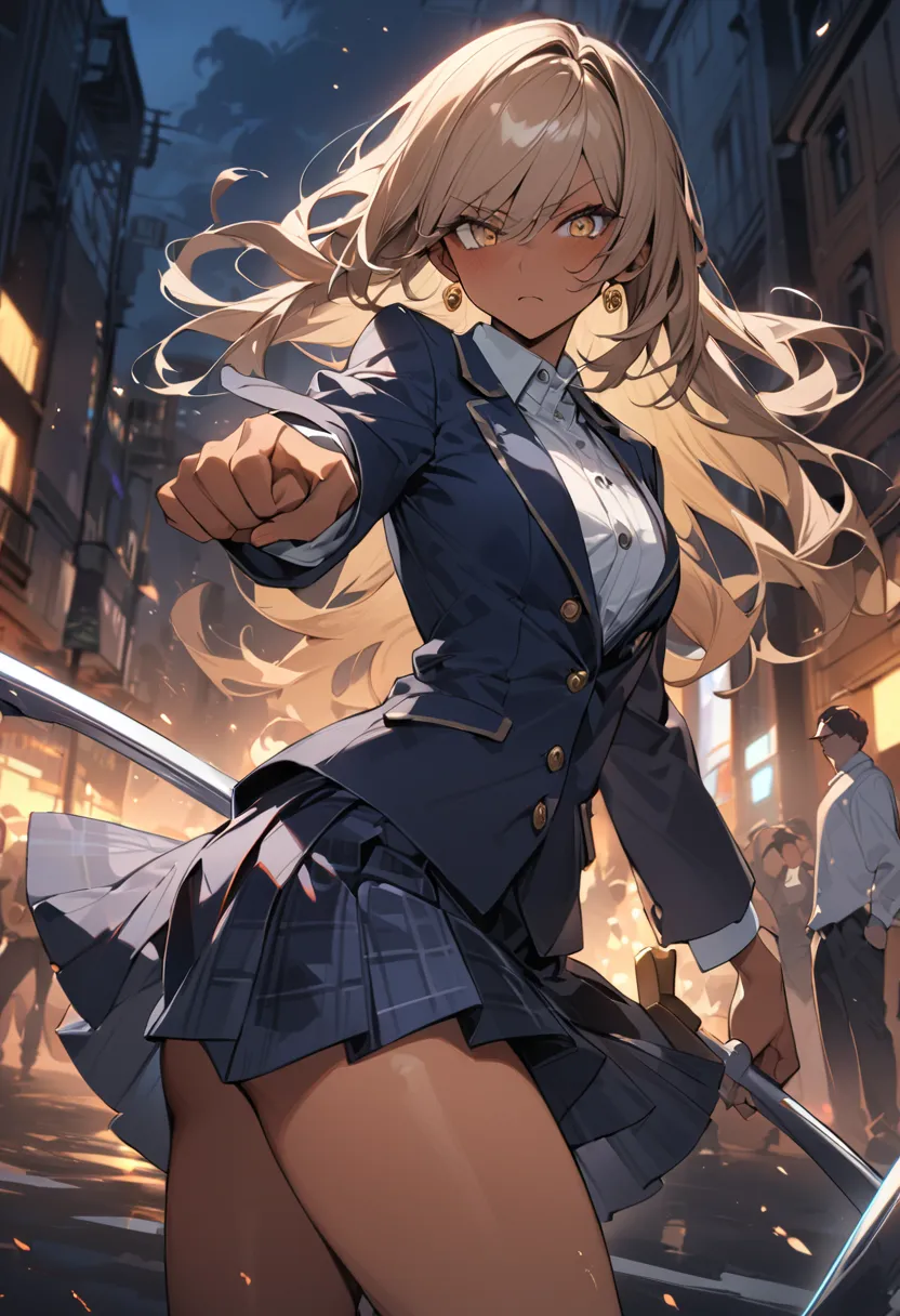 ((Greatest Masterpiece,super high quality:1.2)),(super resolution),(solo),cowboy shot,Slender, small-breasted high school girl doing street battles in a park at night, healthy tan skin , beautiful face,Light brown long hair,perfect golden eyes,stares, seri...