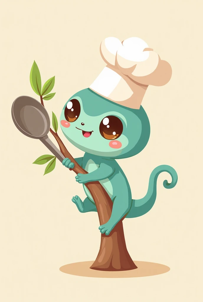 A Japanese kawaii-style chameleon holding onto a giant ladle like a tree branch and wearing a chef's hat. The chameleon has a slim and elegant body, oversized sparkling eyes, blushing cheeks, and a playful expression. The colors are soft pastels, with a wa...