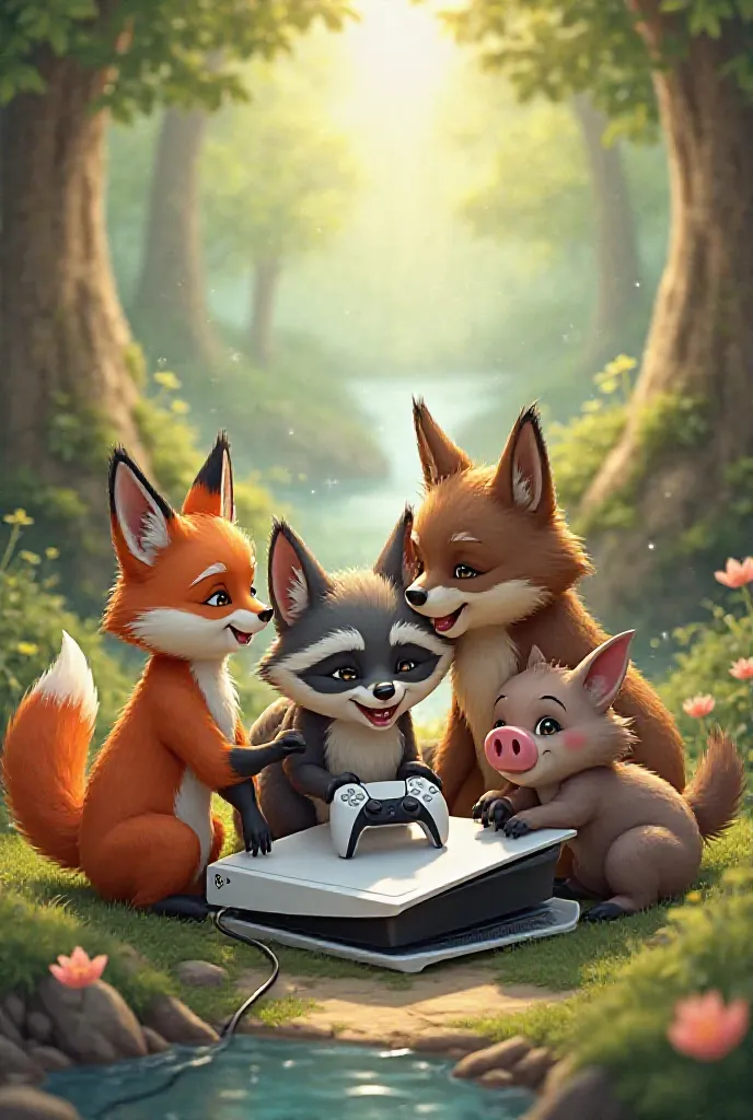 4 baby forest animals( Fox,  raccoon , wolf, wild boar) Play PlayStation 5 together