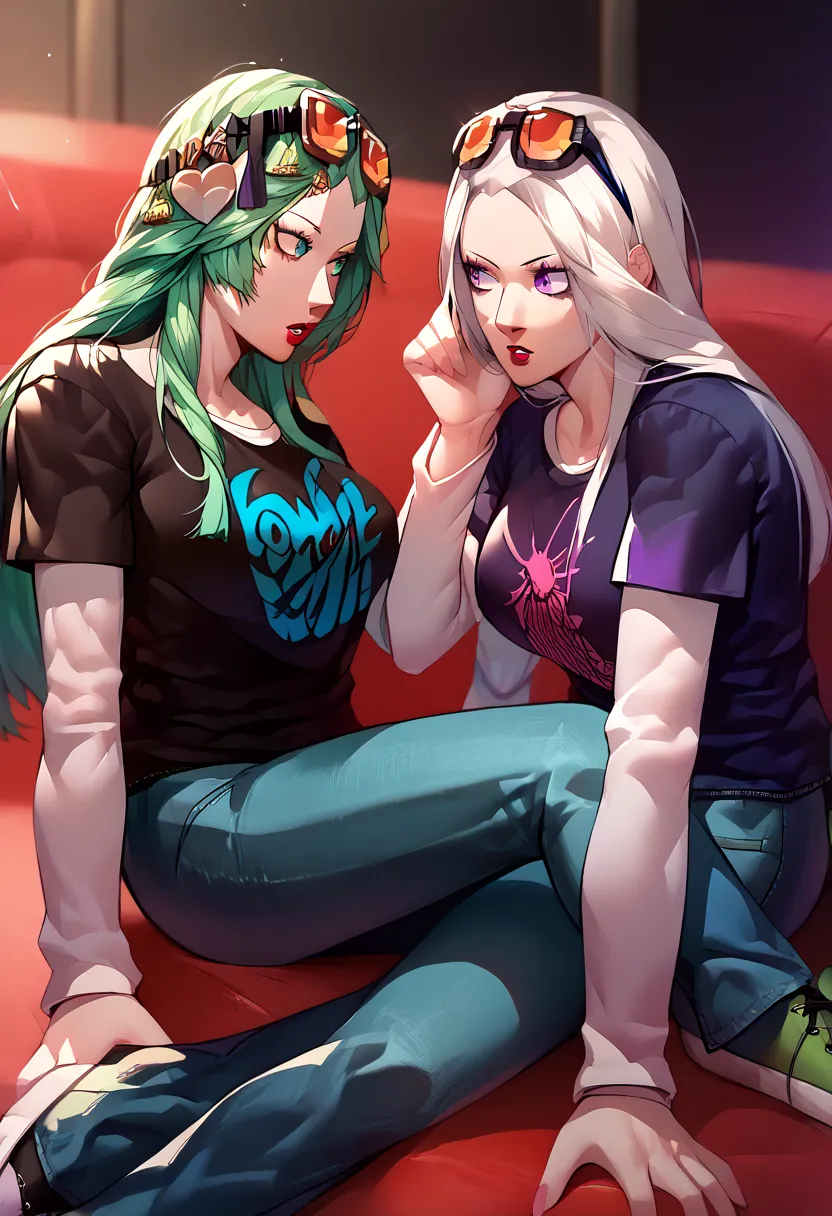 masterpiece, best quality, 2 girls, duo, black short sleeve t-shirt, layered sleeves, white long sleeves, jeans, black t-shirt over white long sleeves, large breasts, sneakers, sitting next to each other, lipstick, sunglasses on head, BREAK, white hair, pu...