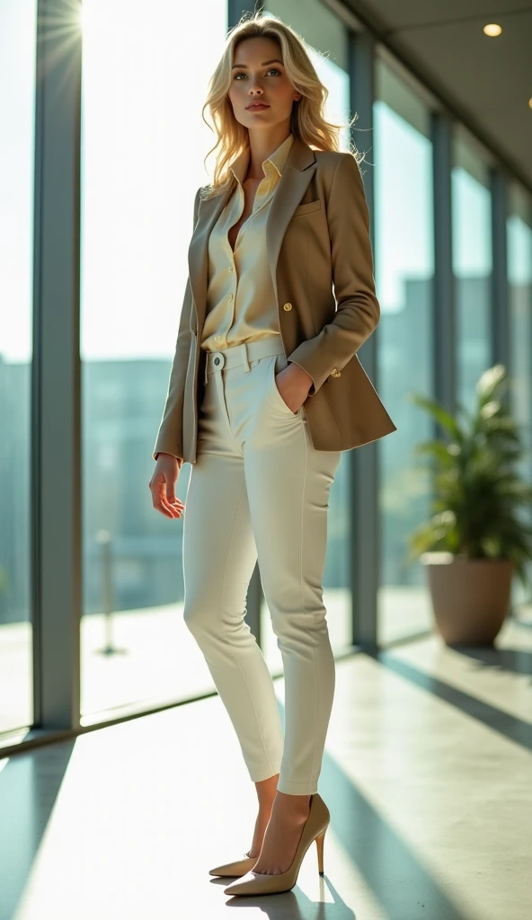 elegant high-heeled shoes floating through large office windows, 180 cm tall, strikingly wavy, A bold white leggings and Dressed in blazer tight jacket over deep collar glamorous cream shirt {x} stands confidently in an office setting showing off her blond...