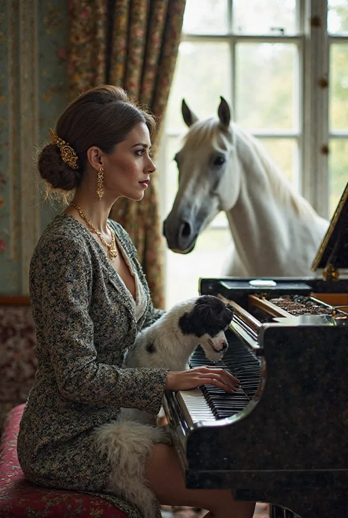 an old money woman with teal eyes light brown hair gold accessories classic Chanel tweed outfit a white Frisian horse peeking out the window 
She is sitting on the bench of a grand piano with a harlequin dog next to whom she is photographing with a compact...