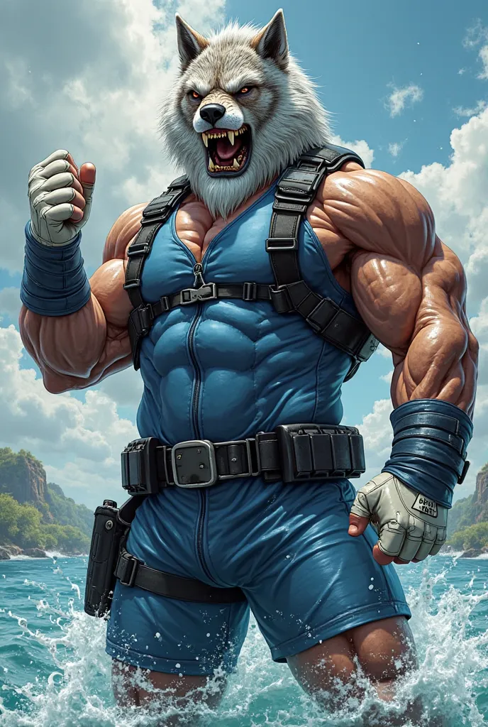 (A rugged beefy extremely muscular bulky old man), (wearing blue zipper wetsuit with short swimming pants that show his muscular thighs), (wearing realistic roaring wolf mask), thumbs up pose, wearing bulky harness, wearing bulky scuba gear, muscular physi...