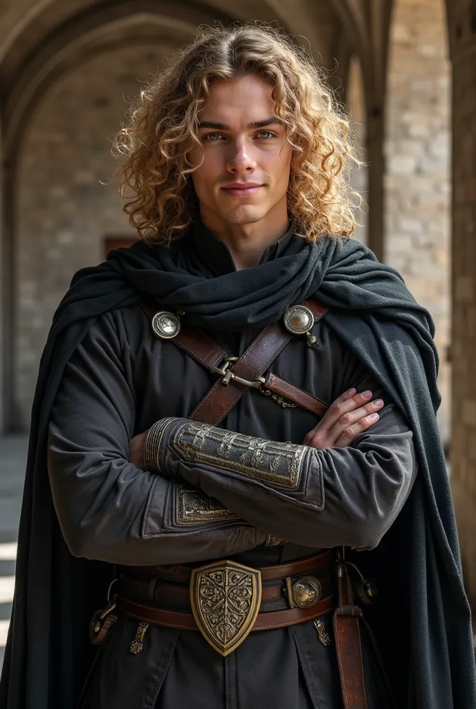 ((Best Quality)), ((artwork)), (detailed), 8k, 4k, high contrast, artwork,  Meticulous attention to facial features and hair strands, 19 year old young man, an adventurous man with long curly blond hair,black cloak,layer , crossed arms pose ,battle suit ,s...