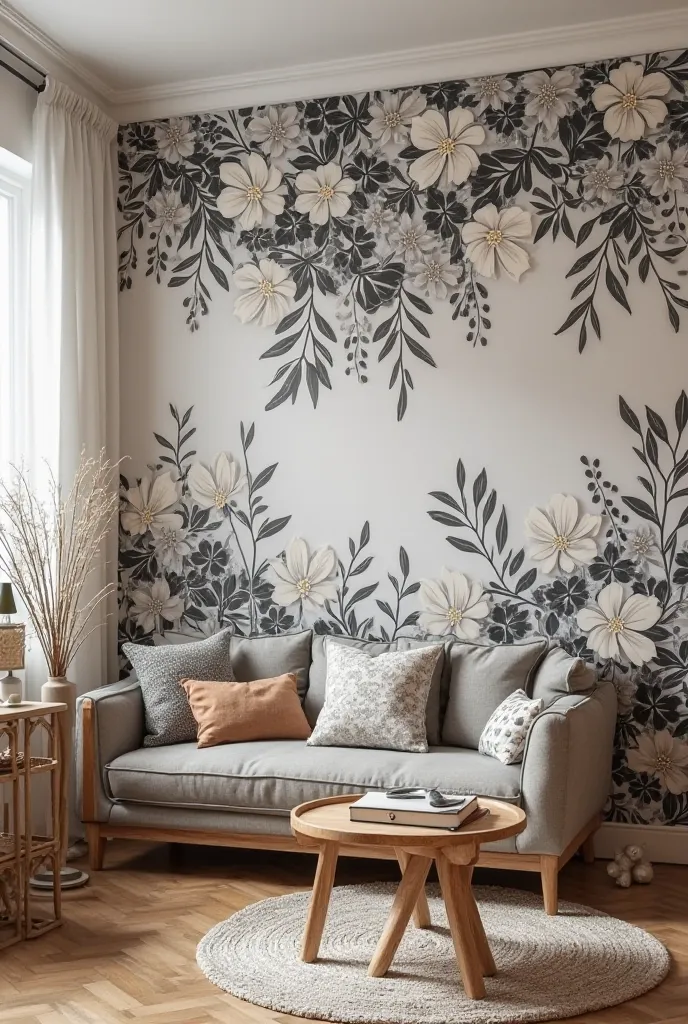 Create an image of an apartment interior with a beautiful Belarusian-style wall design 'vatinanka'. The wall should be decorated with traditional ornaments and patterns, typical of the Vatican, using black and white flowers and natural materials. The inter...