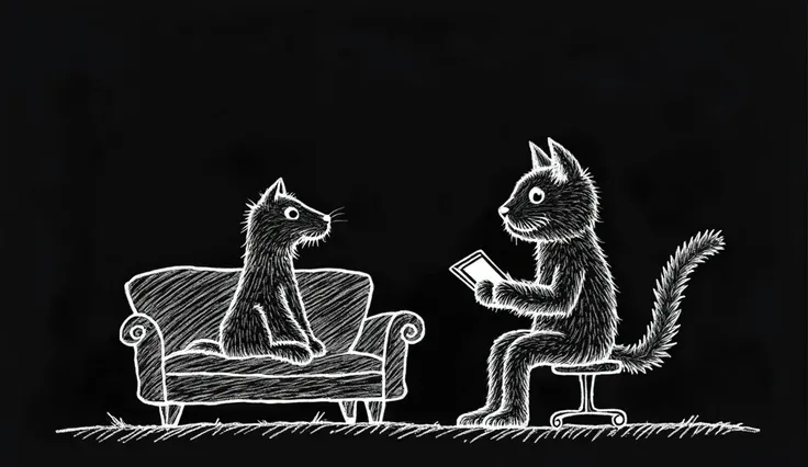 A simple stickman figure of a dog in a therapist couch while the therapist a cat talks to the dog while holding a pad and pen, drawn in a chalkboard style with white chalk lines on a dark black background.