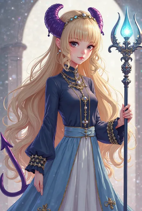 A tall and elegant girl with a divine air. Her long blond bangs cut to the right clearly frame her face., face, while her wavy light blonde hair falls to the height of just below her shoulders. . His black eyes reflect an enigmatic glow, and her thin lips ...