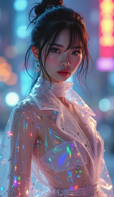 transparent color PVC clothing,transparent color vinyl clothing,prismatic,holographic,chromatic aberration,fashion illustration,masterpiece,texs "Reva",girl with harajuku fashion,looking at viewer,8k,ultra detailed,pixiv