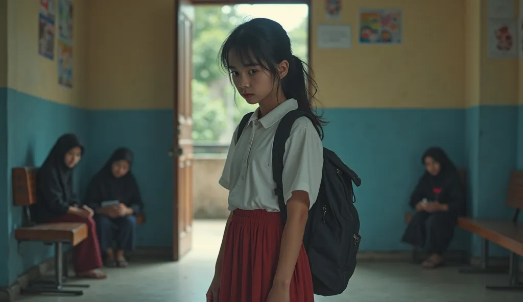 Aisyah beautiful  girl, standing in front of the door of her school class, with a harrowed and sad look, wearing a school uniform, Backpack , White shirt, and a long red skirt. Staring at her friends who were sitting on the elementary school bench in hijab...